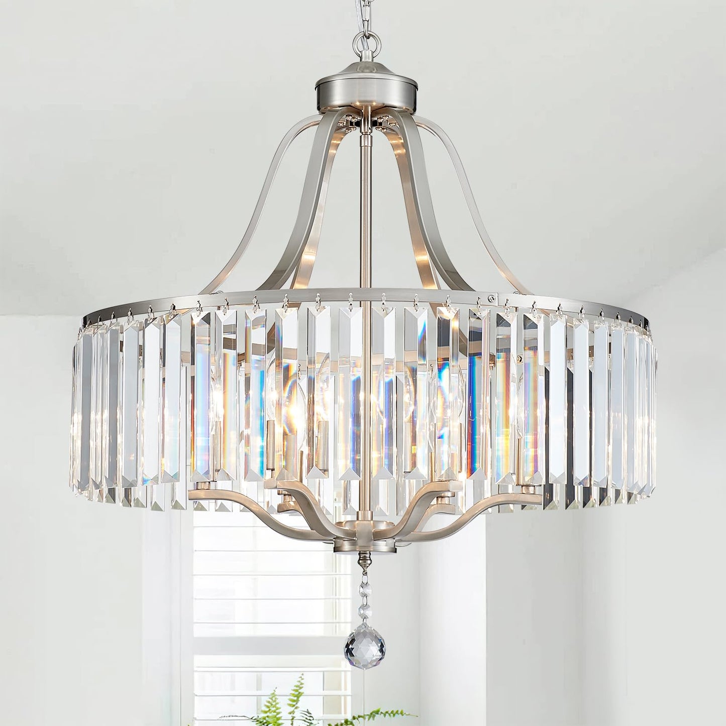 peskoe Modern Crystal Chandeliers Round 6-Light Large Brushed Nickel Pendant Lighting Fixture for Dining Room Living Room Kitchen Island Bedroom Hallway 21.7" Adjustable Height Hanging Lamp