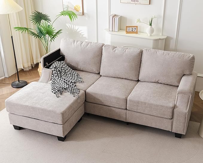 Rukefo 85" Sectional Sofa Couch with Storage Ottoman,L Shaped Couch with Armrest Organizer,3-Seater Sofa,Small Modular Couches for Living Room,Bedroom,Apartment,Chenille,Khaki