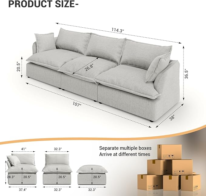 Intuition Decor Cloud Modular Sectional Sofa,Down Filled Sectional Sofa Comfort Comfy Sofa Couch with Cushion Covers Removable Extra Deep Seats,Couch for Living Room Apartment Office