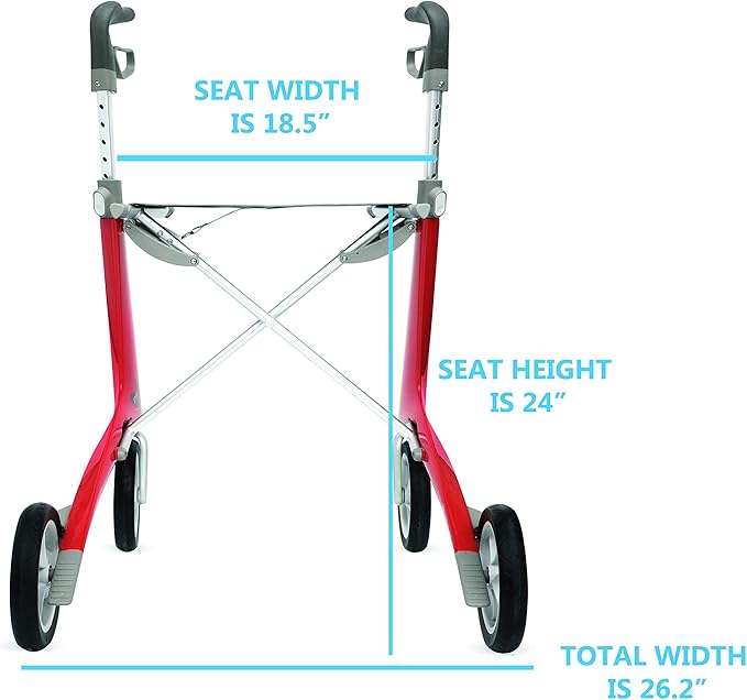 ByACRE Carbon Ultralight Rollator Walker With Organizer Bag, Wide Track, 18.5" x 24" Seat (W x H), Red