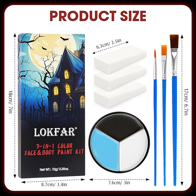 Black White Light Blue Face & Body Paint - Blendable Facepaint Foundation with Sponge & Brush for Skin, Professional Halloween Face Make-up Kit for Sally Face Avatar Smurf Corpse Bride Pale Costume
