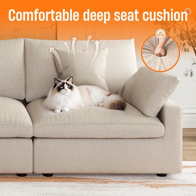 Cloud Modular Sectional Sofa with Ottoman,192" Sectional Sofa Bed Sleeper Couch for Living Room,Convertible Couch Deep Seat 9 Seater for Office Apartment,Covers Washable&Replaceable,Khaki