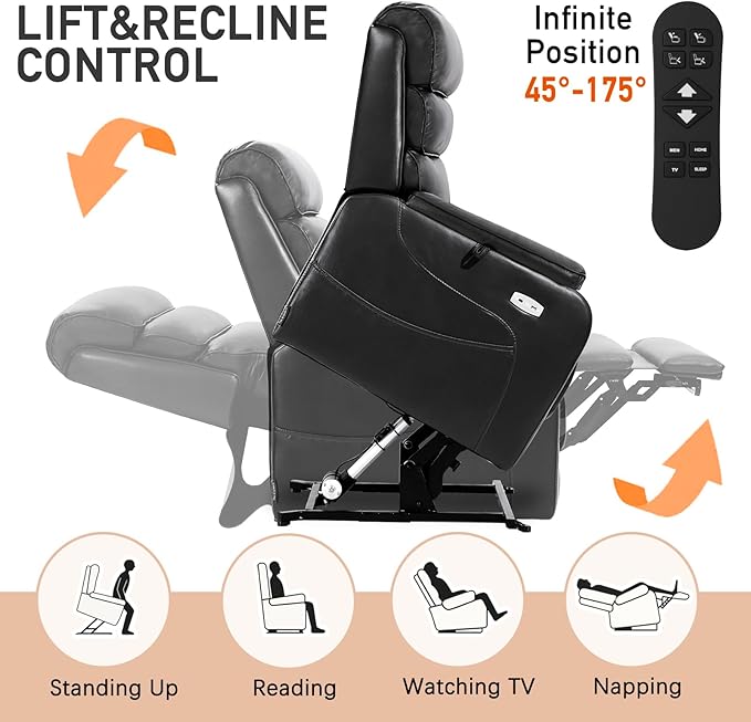 EONIX Dual Motor Lay Flat Power Lift Recliner Chair for Elderly, Faux Leather Electric Lift Chairs for Adults, 400lbs Heavy Duty Power Recliner with Heat Massage Charging Ports, SLRY003, Black