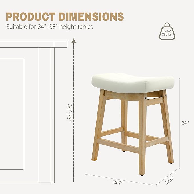 RNKSFX Counter Height Bar Stool for Kitchen Island Modern Barstool with Upholstered Faux Leather Backless Seat and Solid Wood Legs, 24 inch Farmhouse Bar Chair, White