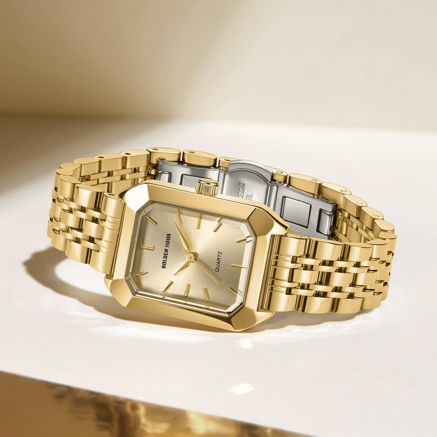 GOLDEN HOUR Women's Rectangular Quartz Watch, Gold Tone Stainless Steel Band, Gold Dial