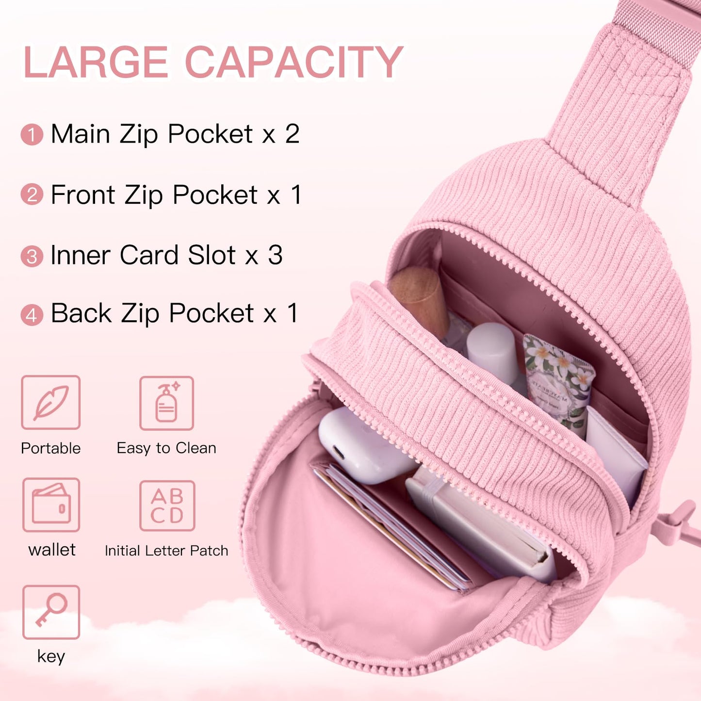 Viverte Small Corduroy Sling Bag Initial Crossbody Bag Fanny Pack for Girls Personalized Birthday Gifts for Teen Girls Gifts Trendy Stuff Teen Purse Cute Stuff for Girls (Pink-A)