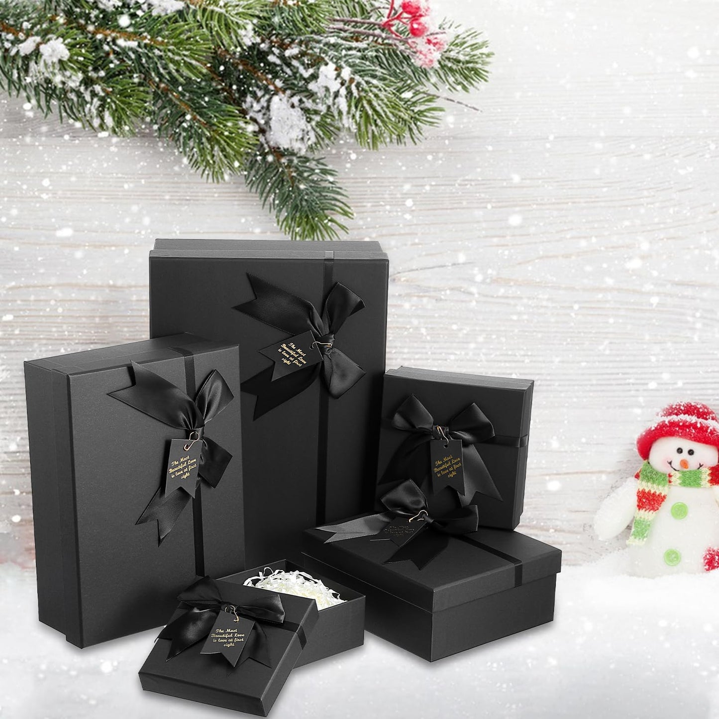 5 Pack Black Nested Gift Boxes with Lid for Valentine's Presents, 5 Sizes Luxury Packaging Box with Ribbon Bows and Label Gift Wrap for Thanksgiving Birthday, Weddings, Mother's Day 13.7'' to 5.1''