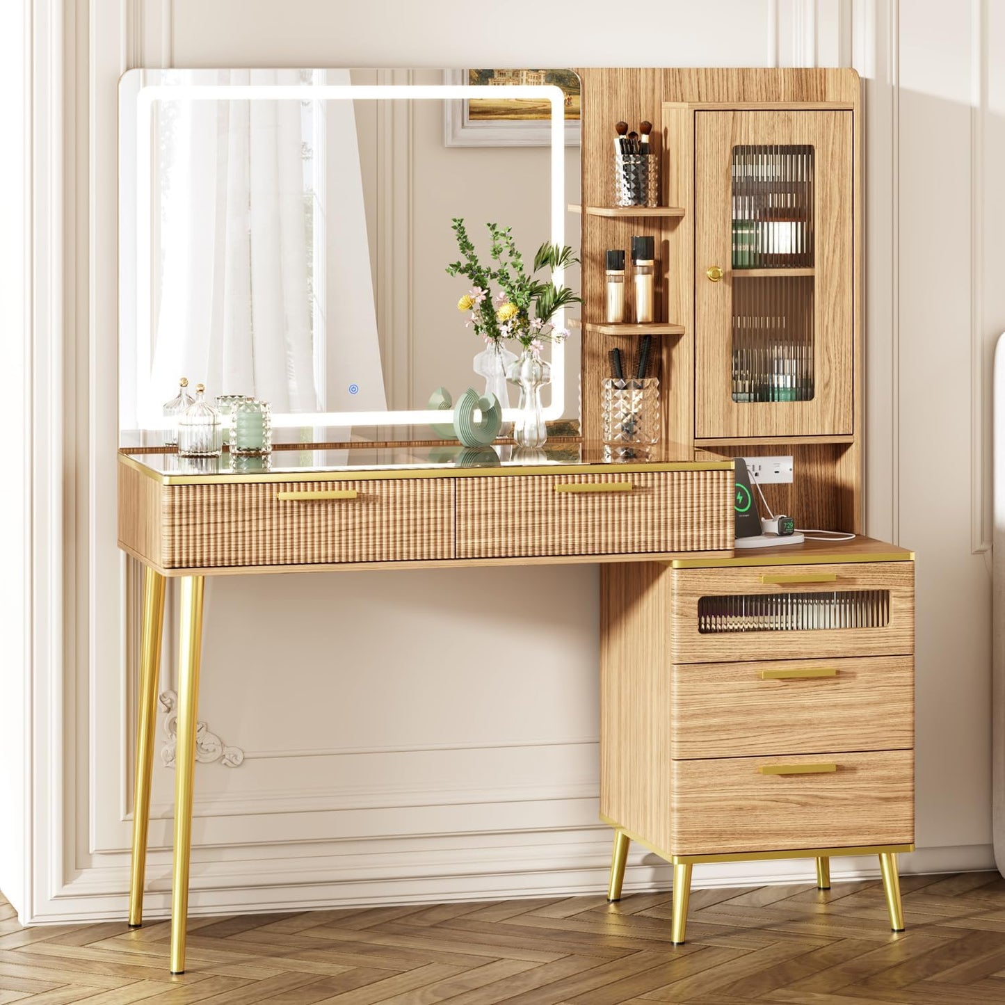 Chrangmay 47.24" Big Modern Vanity Desk with Mirror and Lights,Makeup Vanity Desk with 5 Drawers and Storage Shelves & Power Outlet,Dressing Table with Glass Top, Oak