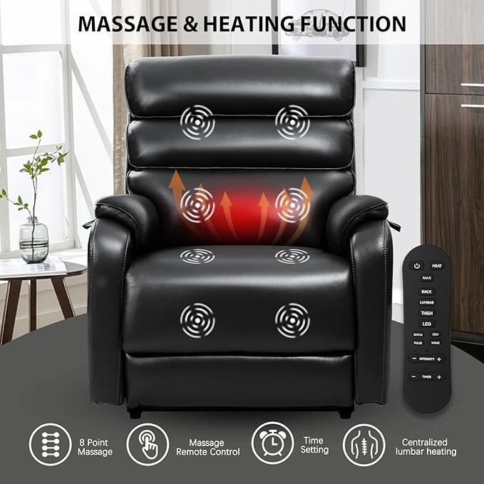 EONIX Wide Lay Flat Power Lift Recliner Chair for Elderly, Heavy Duty Oversized Breathable Faux Leather Lift Chairs Recliner Sofa with Heat and Massage and Charging Ports, Black