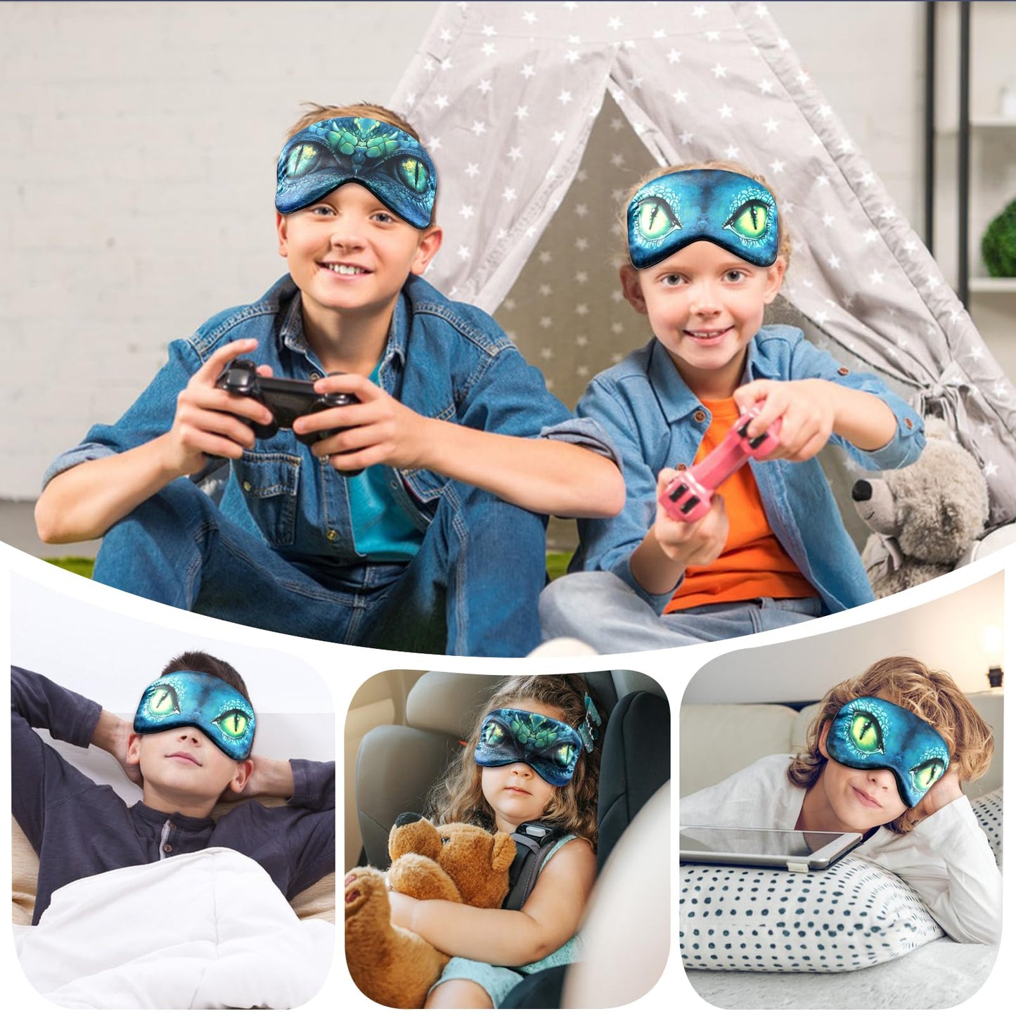 2 Pcs Sleep Mask for Kids Boys, Silk Eye Covers for Sleeping, Adjustable Strap & Light Blocking Design, Adult Children's Bedtime Blindfold for Travel and Home Use (Green Dinosaur Eyes)