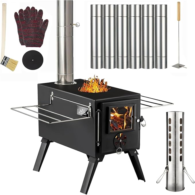 Hot Tent Stove,AVOFOREST Wood Burning Stove,Small Wood Stove with 7 Stainless Chimney Pipes for Outdoor Heating & Cooking,...