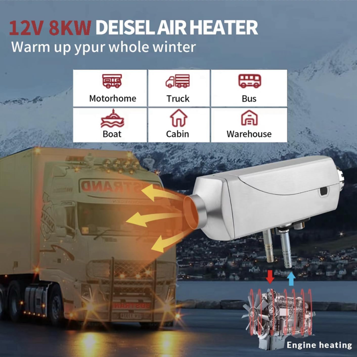 8KW Diesel Heater 12V for RV Water Tank Heating & Engine Preheating,Truck Cabin Heating System with Aviation Plug, Aluminum Alloy Housing & LCD Switch Control
