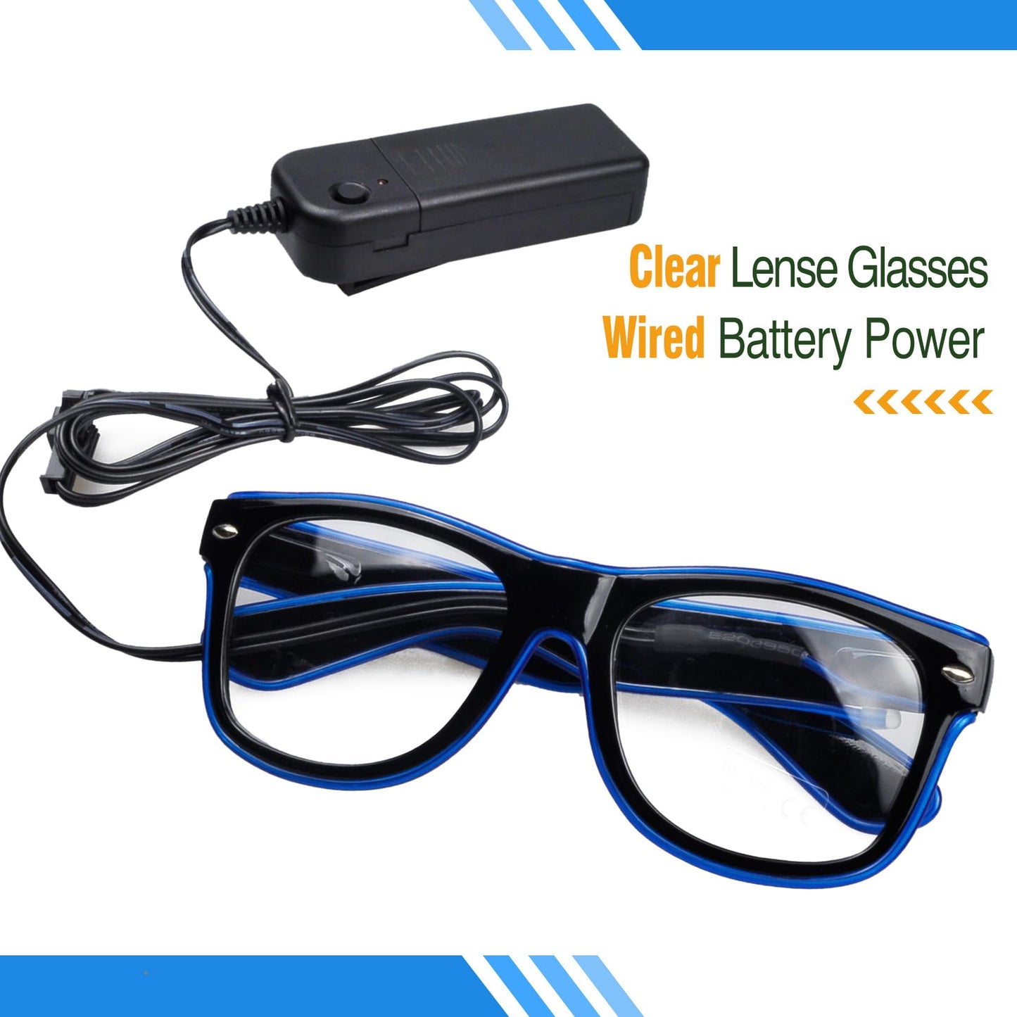 Aquat Light up EL Wire Neon Rave Glasses Glow Flashing LED Sunglasses Costumes For Party, EDM, Halloween, Wired with Battery Power RB01 (Blue, Black Frame)
