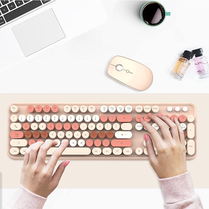 FOPETT Wireless Keyboard and Mouse Combo - 2.4G Full-Sized Cute Colorful Mouse and Keyboard with 104 Round Keys Retro Typewriter Keyboard for Laptop/Windows/PC - Brown Colorful