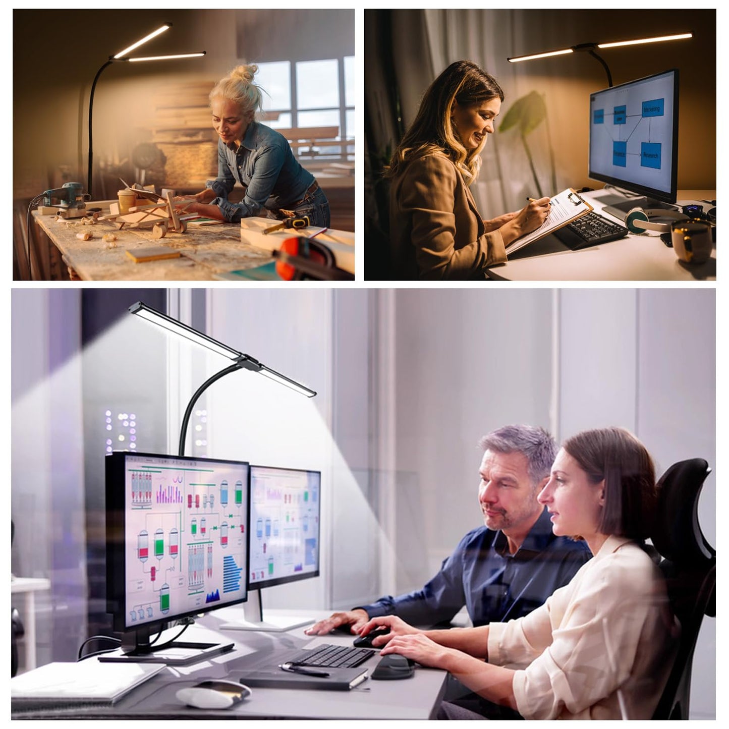 CeSunlight LED Desk Lamp with Two Heads, Clamp On Desk Lamps, 24W, 4000 LMS, CRI>90, 5 Color Modes (2600K-6500K), 10 Brightness Levels, Adapter Included