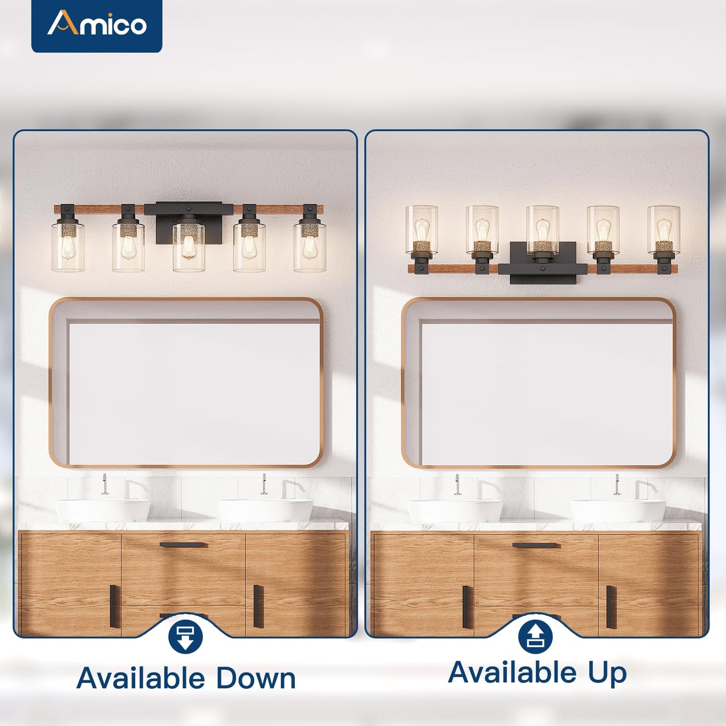 Amico Farmhouse Vanity Light Fixtures, Rustic 5-Light Industrial Painted Wood Lights for Bathroom, Vintage Black Wall Sconces with Bubble Glass Shade