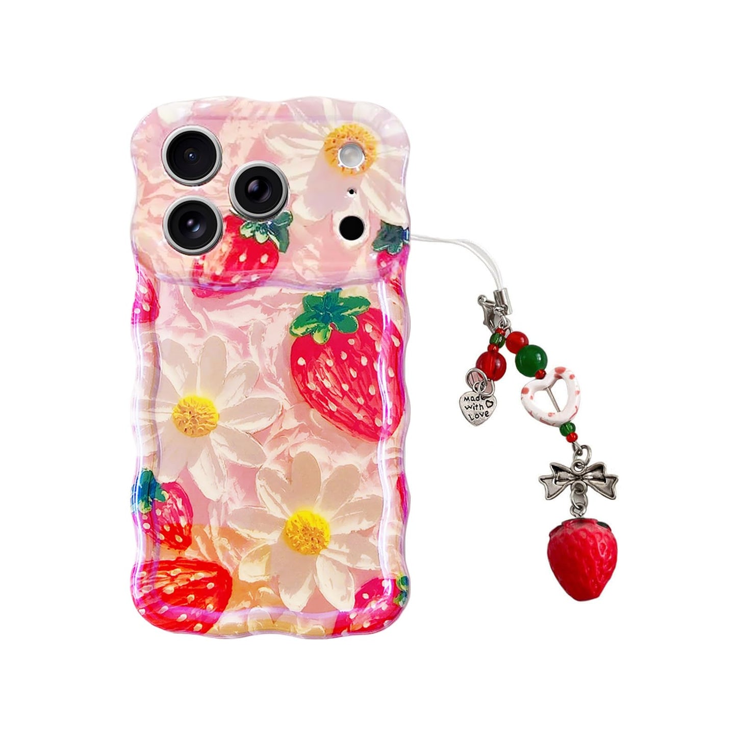 Red Strawberry Phone Case with Charm for iPhone 17 pro max 6.9in,Retro Stylish Glossy Oil Painting Flower Laser Glossy ,Aestheti