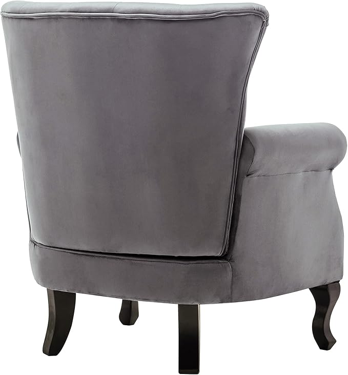 DM Furniture Mid Century Accent Chair Modern Button Tufted Armchair Wingback Club Chair Velvet Single Sofa Lounge Chair with Pillow for Living Room Bedroom, Grey