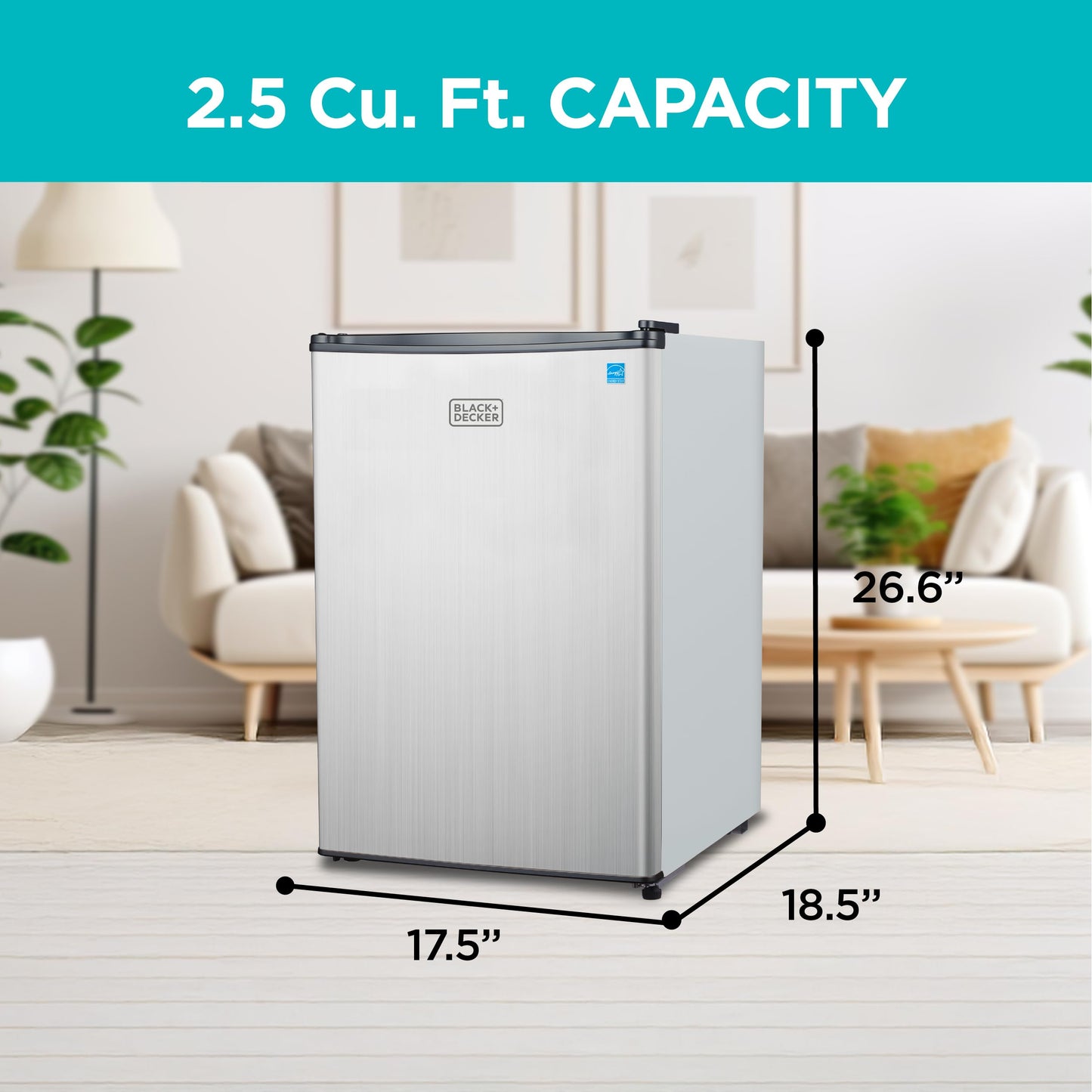 BLACK+DECKER 2.5 Cu. Ft. Compact Refrigerator, ENERGY STAR Certified, Single Door Mini Fridge with Chiller Compartment, Personal Fridge for Home or Dorm Room, R600a Refrigerant, BCRK25V,Stainless Look