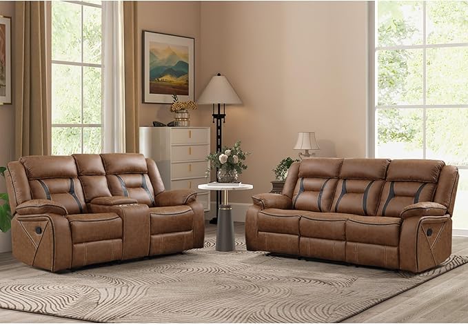 EBELLO Manual Recliner Sofa Set, Faux Leather Reclining Living Room Furniture Set, Included Loveseat and 3 Seat Manual Recliner Sofa, Brown(Loveseat+Sofa)