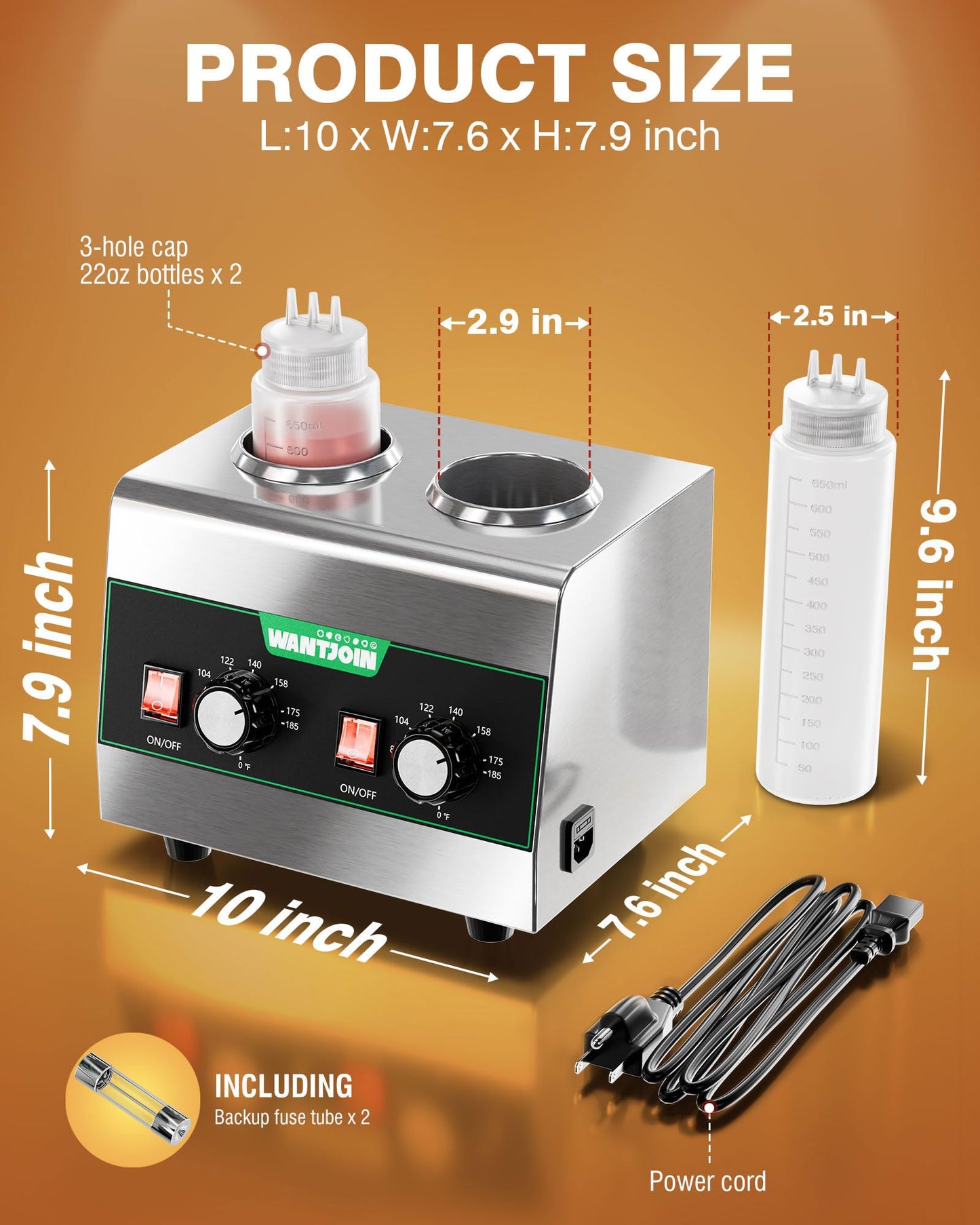 WantJoin Electric Sauce Warmer Dispenser Countertop Stainless Steel Sauce Heat Preservation Machine Hot Fudge Nacho Cheese Ketchup Chocolate Warmer for Commercial with 650ml Squeeze Bottle*2