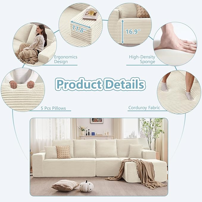 135.4" Cloud Sectional Couch with L-Shape Chaise, Modern Corduroy Boneless Couch for Living Room,Memory Foam Sofa with Deep Seat,No Assembly Required (White,Right-Facing Chaise)
