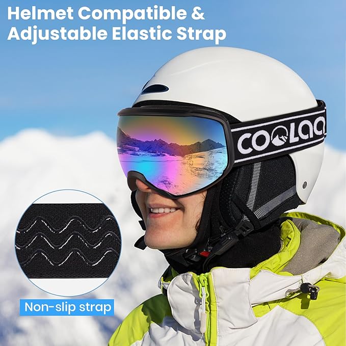 COOLOO Ski Goggles, OTG Snow Goggles for Adult Men Women Youth, Snowboard Goggles Over Glasses, Anti-fog, UV Protection