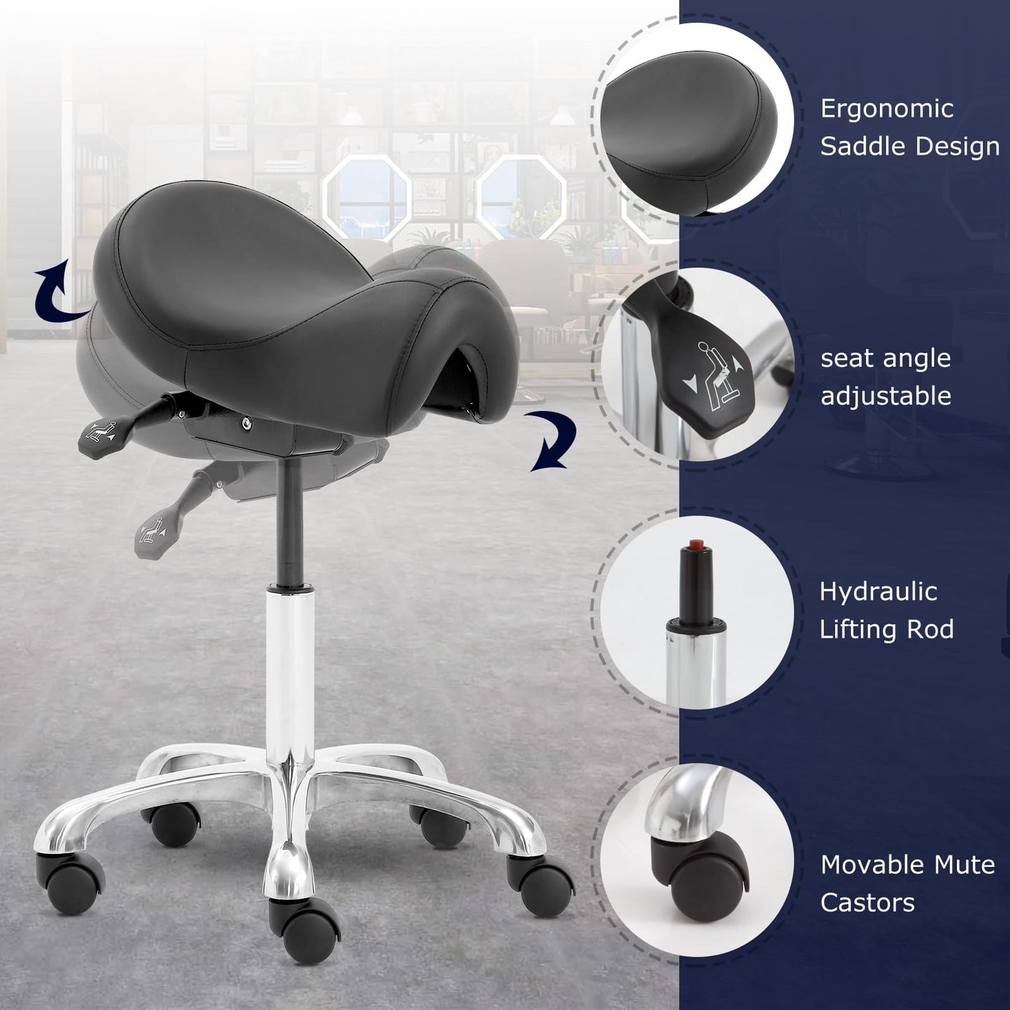 Eognyzie Saddle Stool with Wheels, Height Adjustable Ergonomic Rolling Saddle Chair for Salon Tattoo Shop Spa Home Dentist Clinic, Black Saddle Stool