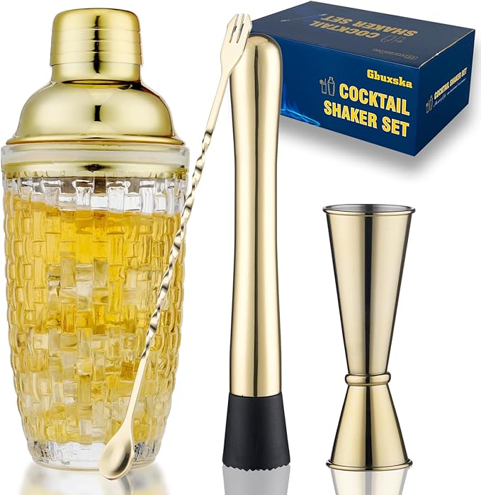Gbuxska Gold Cocktail Shaker Set - Glass Cocktail Shaker with Strainer - Martini Shaker Set -Matching Cocktail Jigger & Ba...