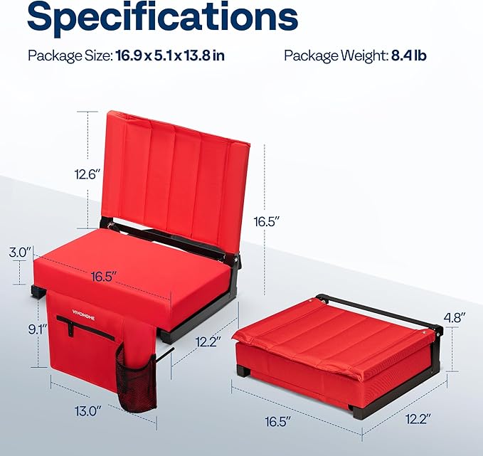 VIVOHOME Portable Stadium Seat for Bleachers with Back Support, Folding Bleacher Chair with Cup Holder and Shoulder Strap Red