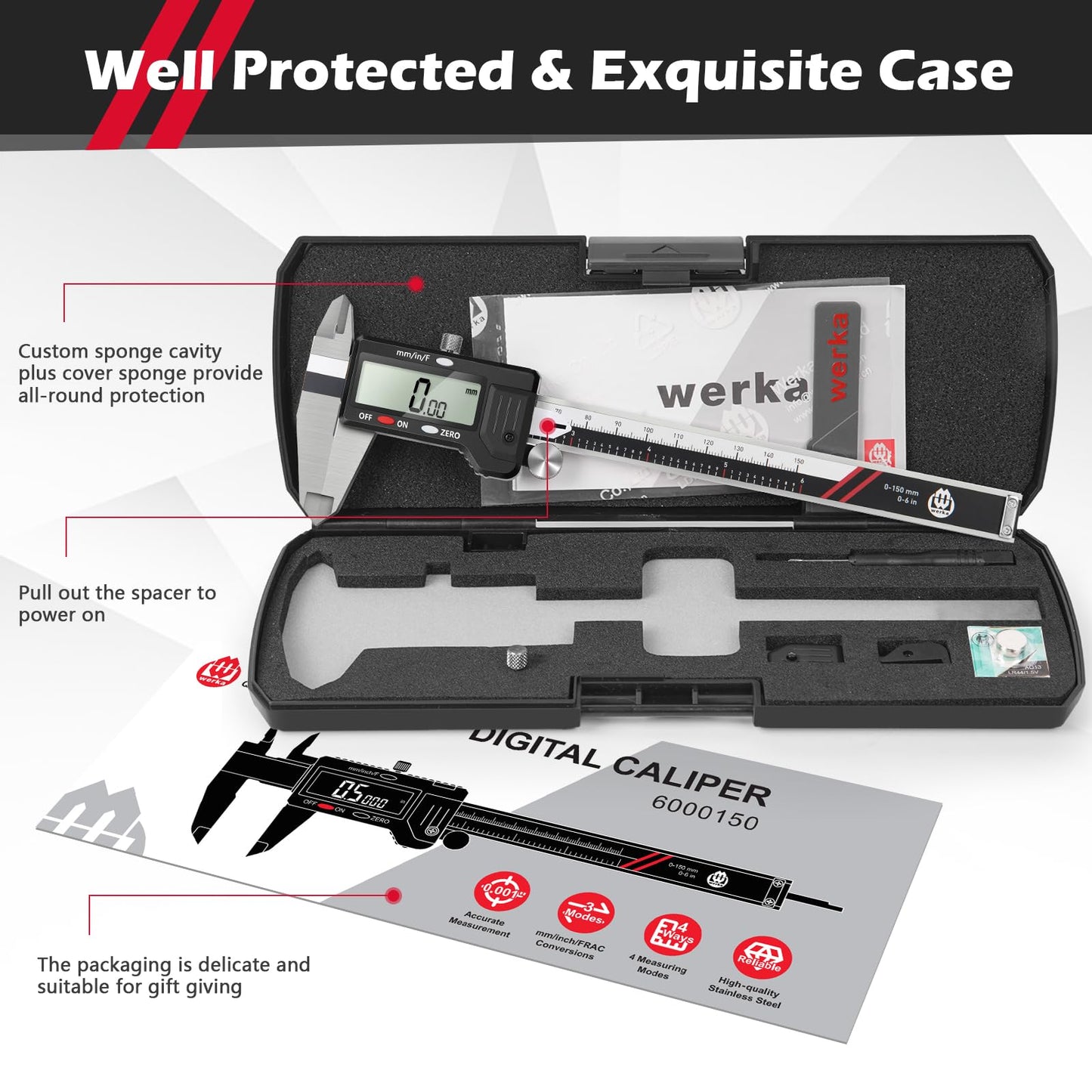 werka Digital Caliper, 0-6” Calipers Measuring Tool, Auto-Off Micrometer Caliper with 0.001”High-Accuracy,Inch/Fraction/Millimeter Conversions Button,4 Measuring Ways, Stainless Steel Construction