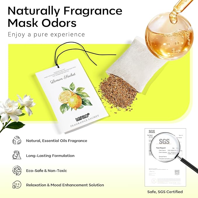 MYARO 12 Packs Lemon Scented Sachets for Drawer and Closet - Long Lasting Bathroom Odor Deodorizer Fresh Scents Car Air Refrehener Home Fragrance