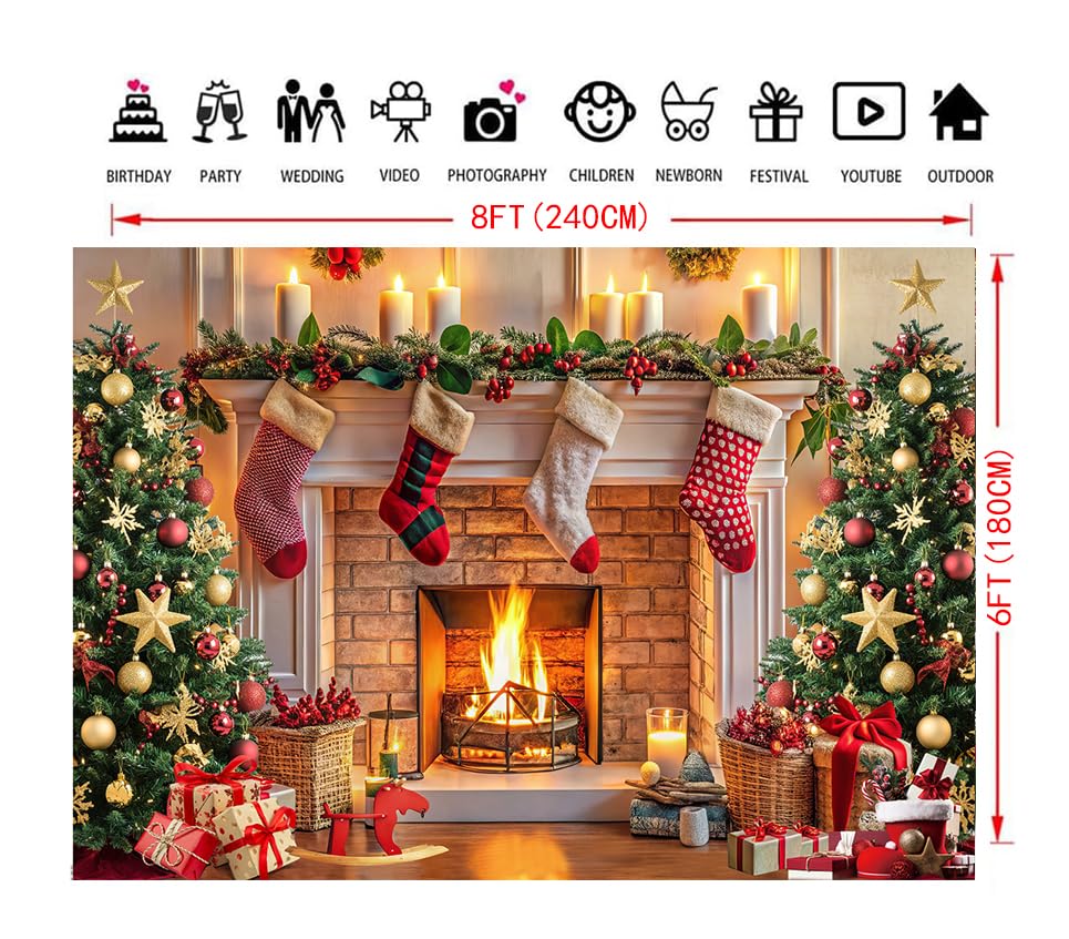 Dudaacvt 8x6ft Christmas Photography Backdrops Christmas Fireplace Decoration Background Family Party Banner Photo Booth P...