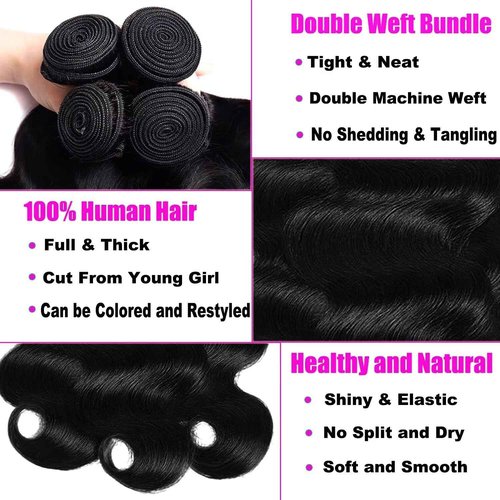 Body Wave Bundles Human Hair 18 20 22 24 Inch Human Hair Bundles 100% Unprocessed Brazilian Virgin Hair Quick Weave Deals Human Hair Extensions for Women Natural Black Color