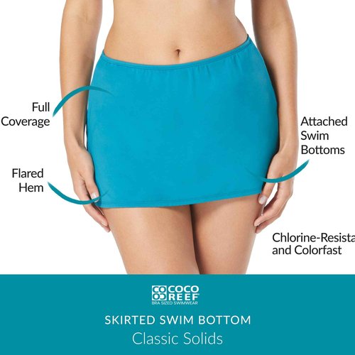 COCO REEF Skirted Swim Bottom - Flared Hem Skirt with Attached Bikini - Teal, 2X-Large