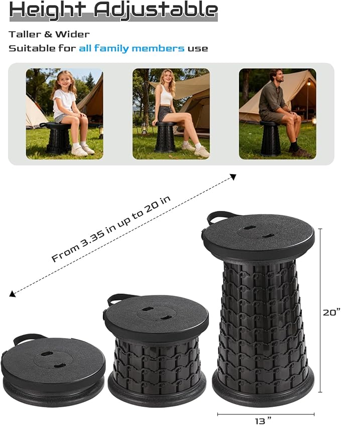 Spisces 2025 Heavy Duty XXL Collapsible Stool | 1000lbs Capacity, 20-in Taller & 13-in Wider Foldable Retractable Telescoping Stool for Adults, Oversized Camping, Fishing, Concert, Event, Stadium