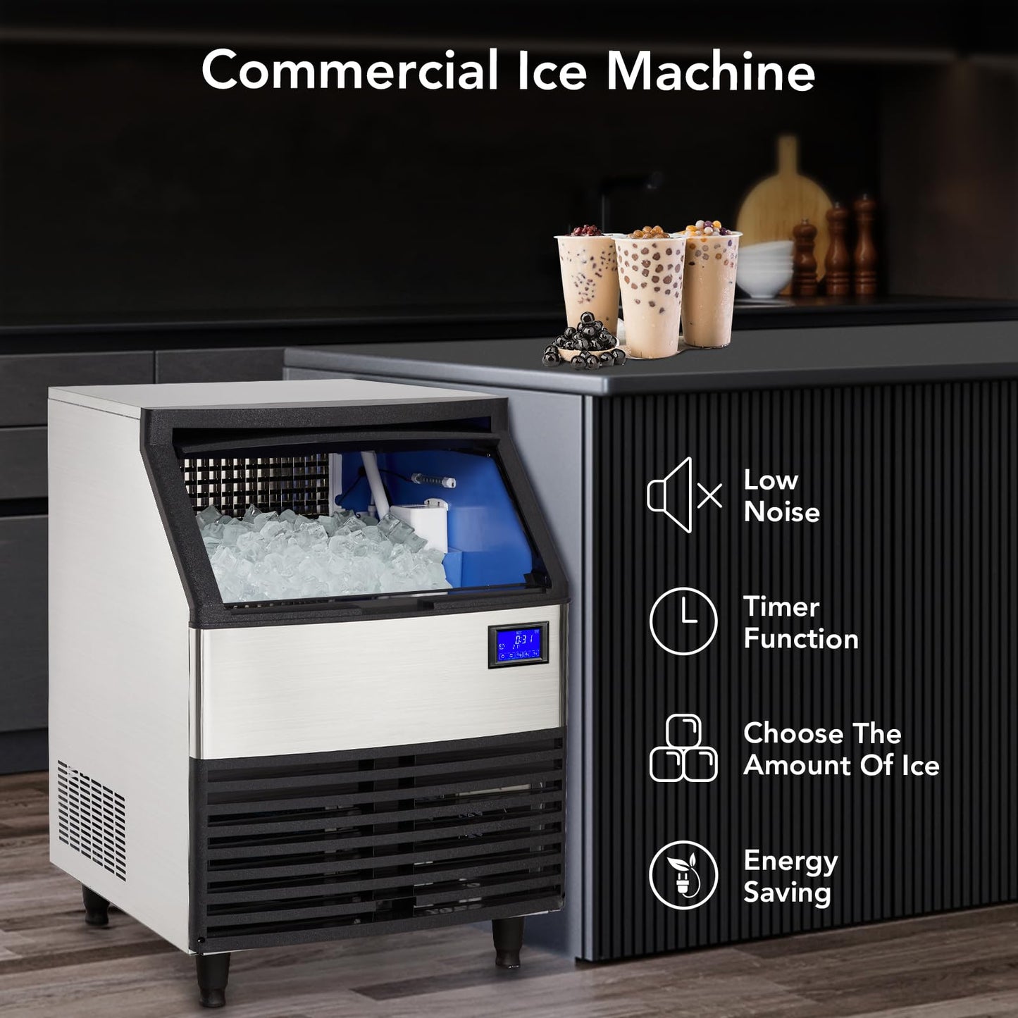 Garvee Commercial Ice Maker Machine, 176 LBS/24H Stainless Steel Under Counter Ice Machine with 99 LBS Ice Storage Capacity, LCD Screen Display, Freestanding Commercial Ice Maker