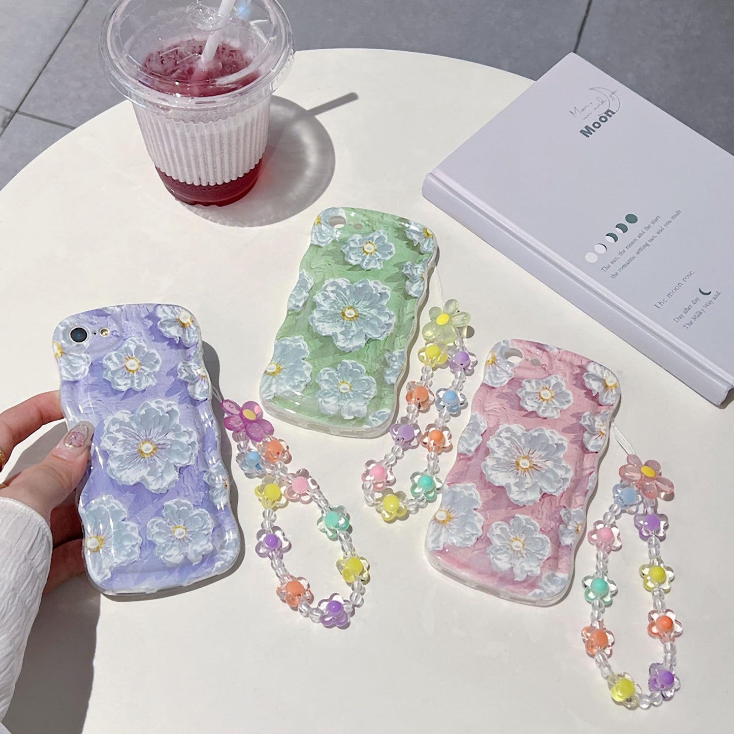 For Iphone 6 Iphone 6S Curly Wavy Case, Cute Colorful Retro Oil Painting Flower Glossy Pattern [With Bead Chain], Slim Fit Shock