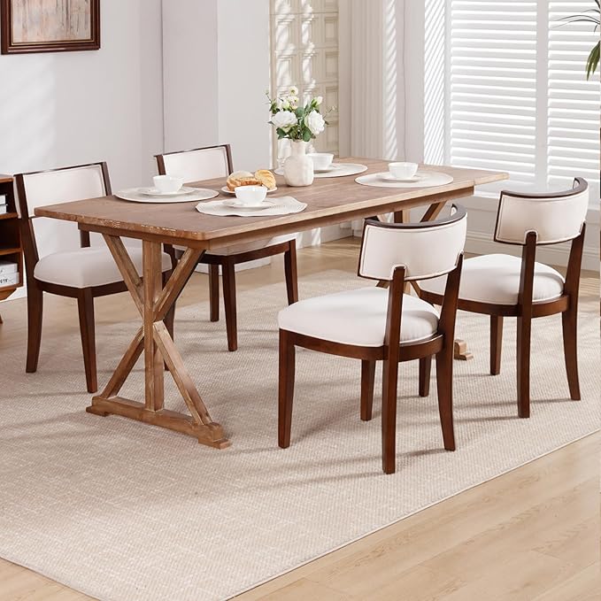 DM Furniture Dining Chairs Set of 2 Linen Fabric Upholstered Dining Room Chairs with Curved Backrest Mid Century Modern Farmhouse Kitchen Chair Solid Wood Side Chairs for Living Room/Restaurant