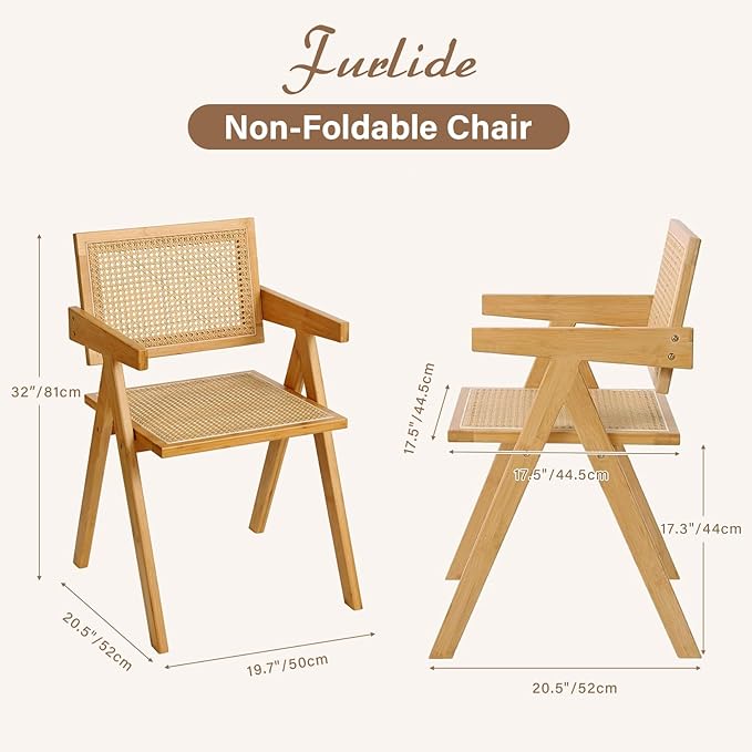 Furlide Rattan Dining Chairs Set of 4, Modern Mid Century Accent Chairs, Comfy Armchairs, Outdoor Rattan Chairs with Armrest for Bedroom Living Room Reading Room Dining Kitchen