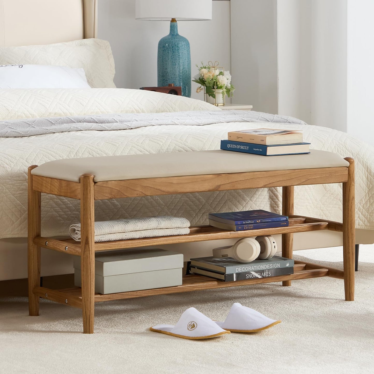 CREATISAN Shoe Bench, Solid Oak Wood Entryway Bench with Storage, 3-Tier Shoe Storage Bench with PU Leather Seat, Mid Century Shoe Rack Benches for Hallway, Bedroom, Living Room, 43.3" White