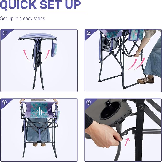 EVER ADVANCED Portable 30.7" Seat Height Tall Folding Chair Directors Chair High Foldable Bar Stool with Side Table for Makeup Artist, Camping, Sports Event, Craft Show, Supports 350LBS Purple