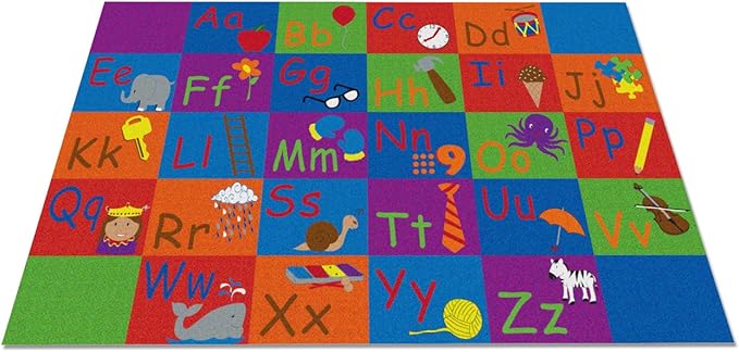KIDCARPET.COM All in A Row Letter Classroom Rug, 4' x 6' Rectangle, Multicolored, Educational Classroom Rug, Kids Learning Play Mat | Area Rug for Bedroom or Playroom