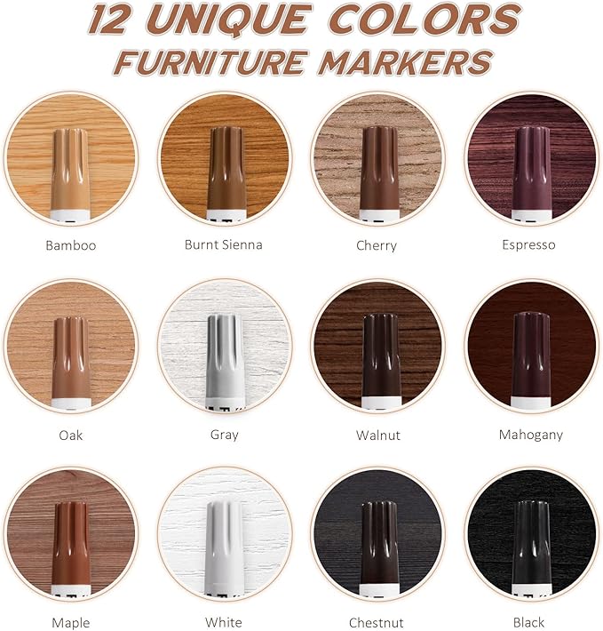 DEWEL Premium Furniture Touch Up Markers, 12 Colors Wood Scratch Repair Markers Kit, Perfect Wood Markers Pens for Scratches, Stains, Wood Floors, Tables, Bedposts