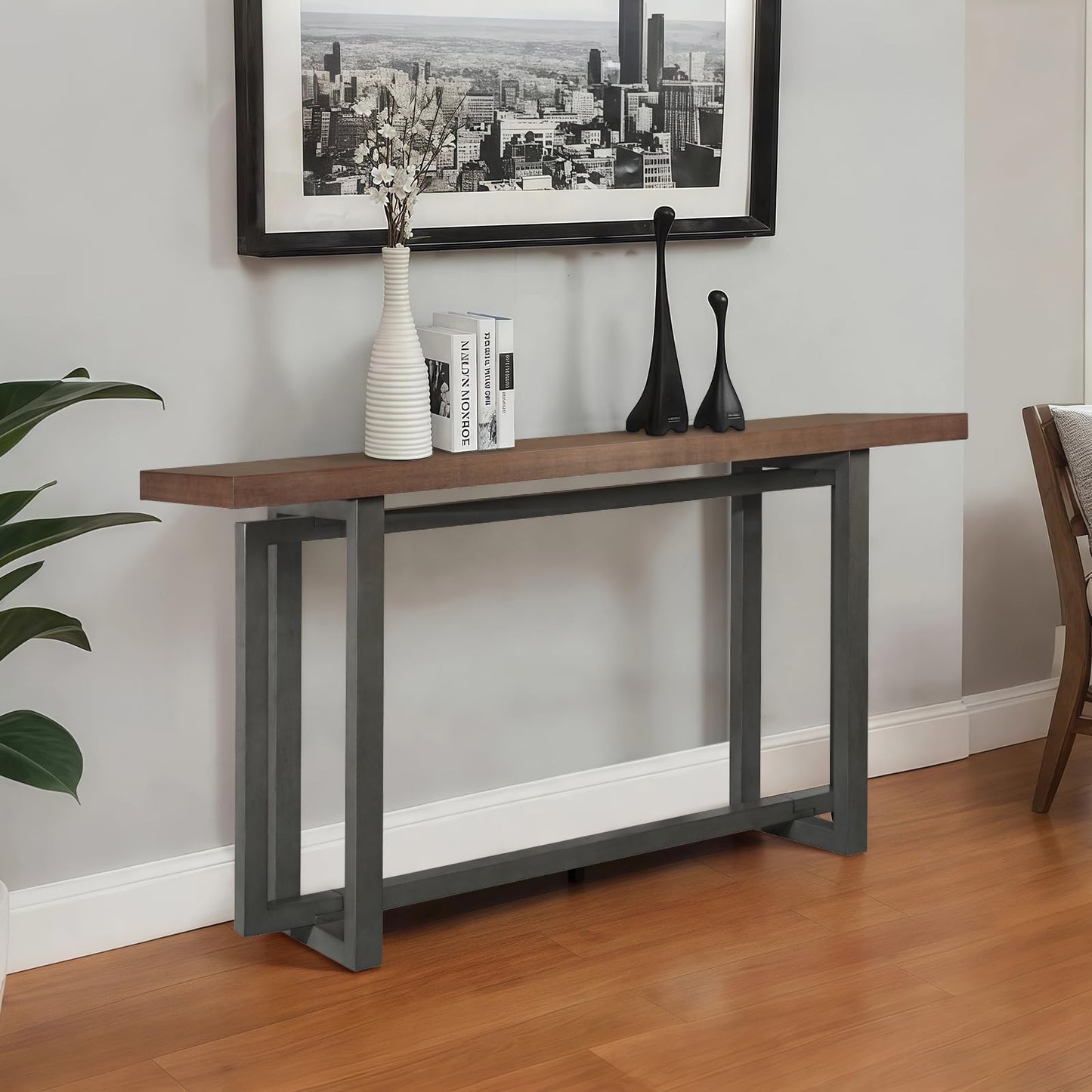 SZTHHDF 59.05'' Sofa Table for Living Room, Morden Console Table, Narrow Rectangle Solid Wood Entryway Table with Rubber Wood Legs for Hallway Kitchen Foyer (Brown+Grey)
