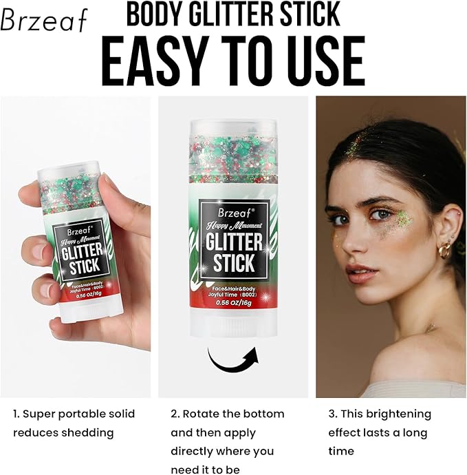 Brzeaf Waterproof Face and Body Glitter Stick, Shimmery& Long Lasting, Christmas Hair Eyeshadow Face Body Glitter, Singer Concert Rave Festival, Glitter Stick Makeup & Face Glitter Gel