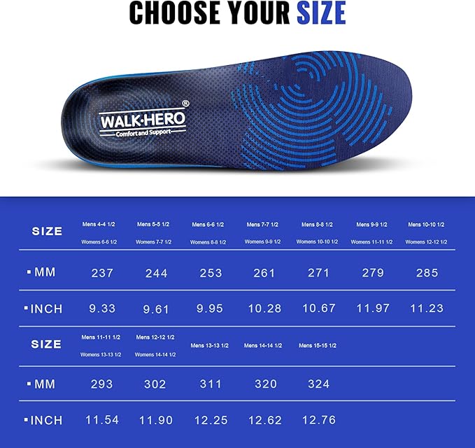 WalkHero Plantar Fasciitis Insoles - Medium Arch Support Inserts for Men & Women with Comfort Cushion | Orthotic Inserts to Relieve Foot Pain and Provide Shock Absorption (Blue) Mens 12-12 1/2