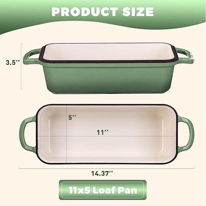 11x5 Inch Cast Iron Loaf Pan With Lid, 5.8 Qt Large Loaf Pans for Sourdough Bread Baking, Heavy Duty Dutch Oven Bread Pan For a Crispy Crust, Pistachio