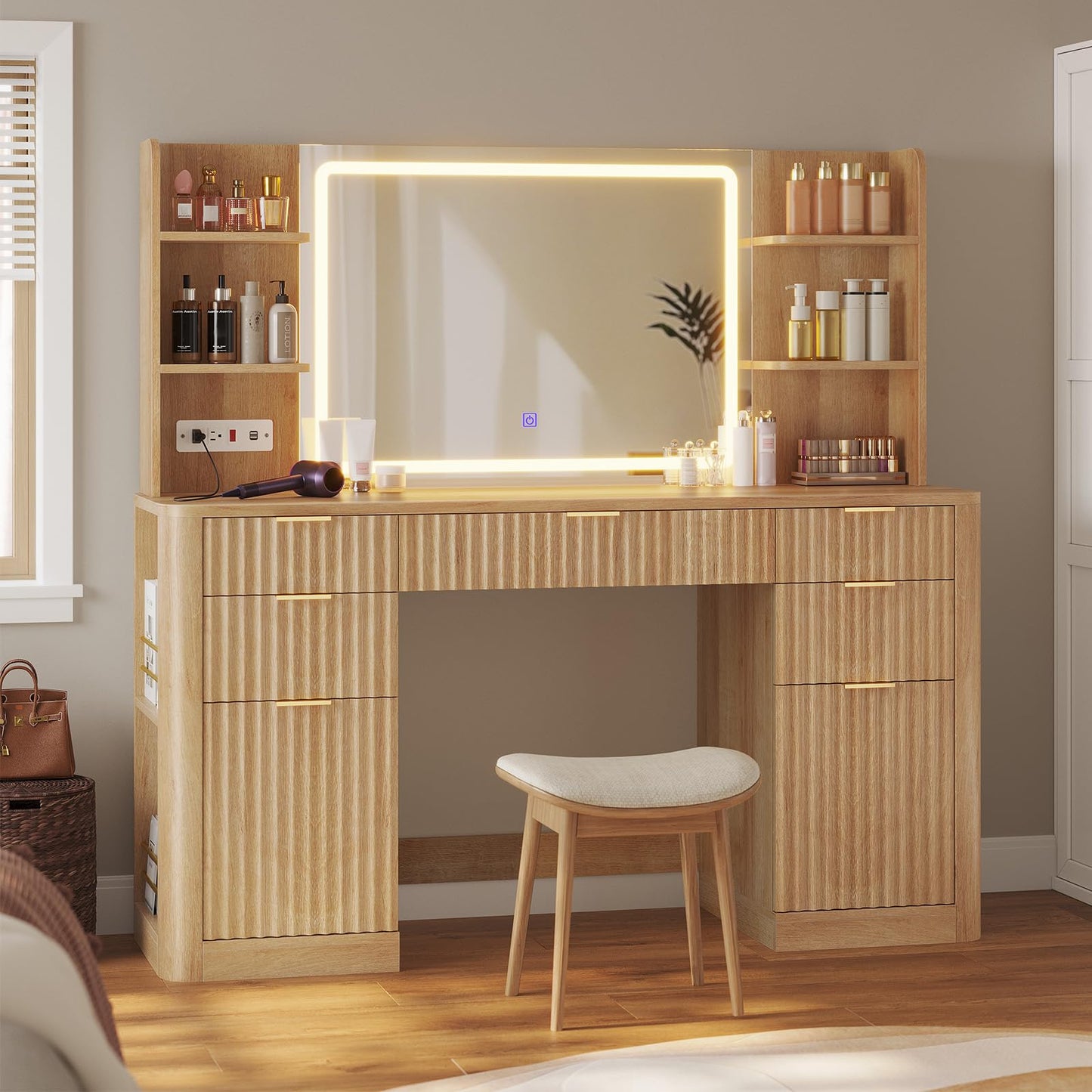 HAUOMS 51.2" Fluted Makeup Vanity Desk with Large 30.3" Mirror and Lights, 5 Drawer Vanity with Power Strip, 6 Open Shelves, 2 Cabinet，Modern Dressing Table with Solid Wood Legs for Bedroom, Oak