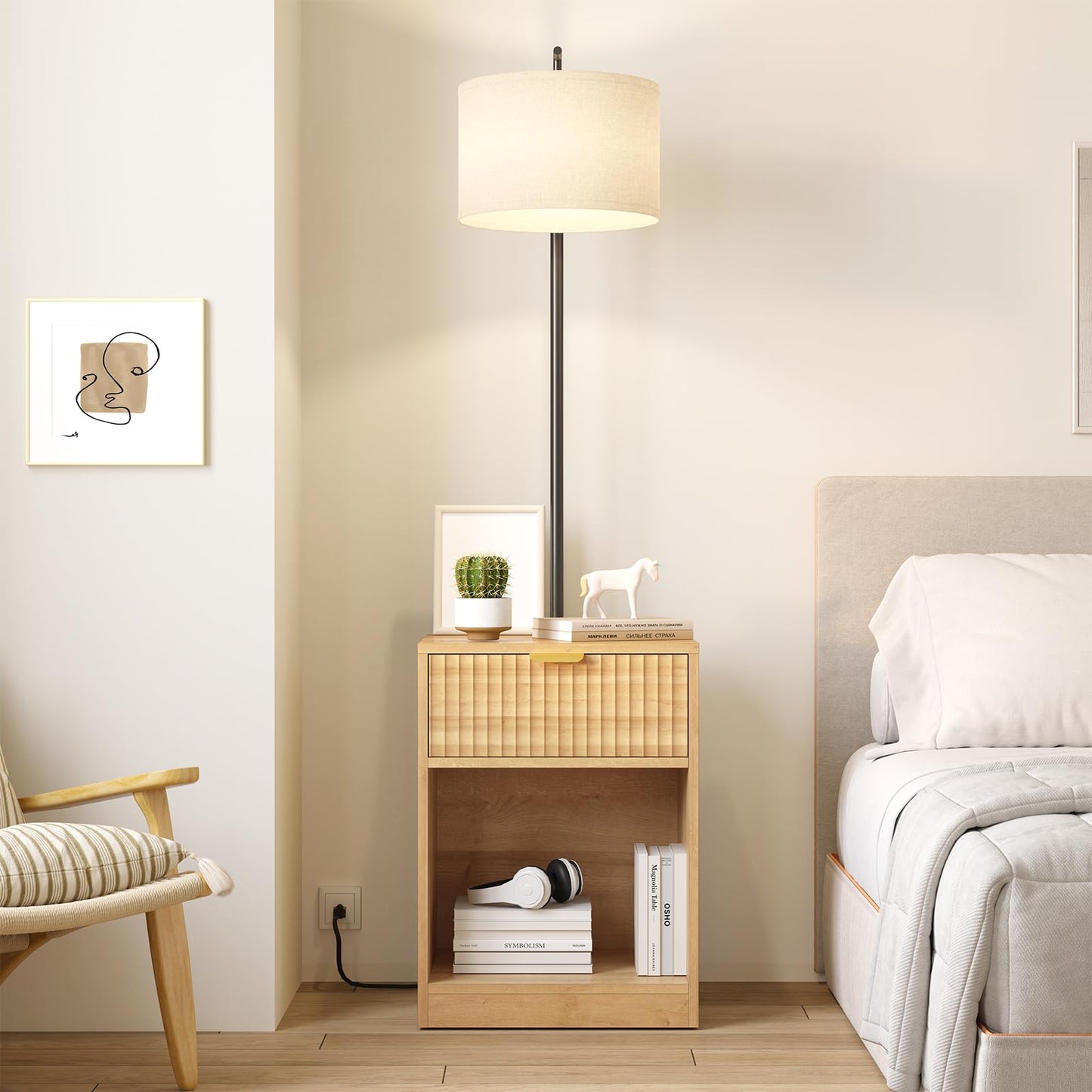 TVU Floor Lamp with Table & Drawers, End Table with Lamp and Charging Station, Modern Fluted Side Table Lamp with 3 Color Temperature Led Bulb, Floor Lamps for Living Room, Natural